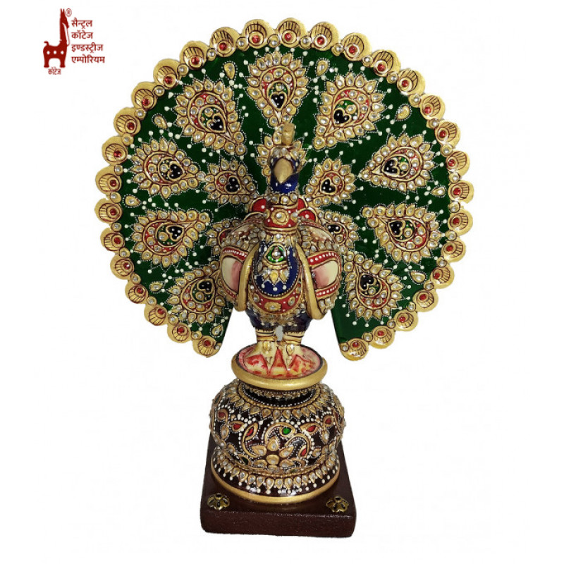Wooden Dancing Peacock with Meenakari Work – 8 Inch