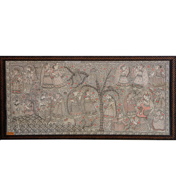 A Vibrant portrayal of Lord Krishna, Gopies, and Lord Shiva in an Unframed Madhubani Painting