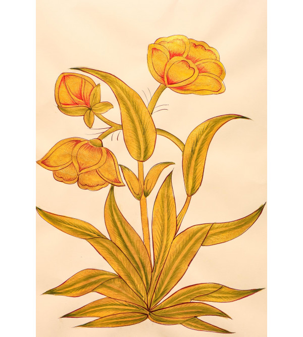  Flower Painting Silk Mughal Framed  (Unframed) 27x34 Inch