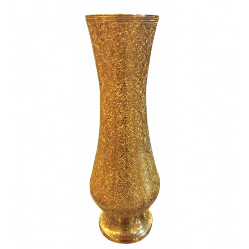 Handicraft Brass Flower Vase Gold Plated Badrum Fine Marori Work 10 Inch 