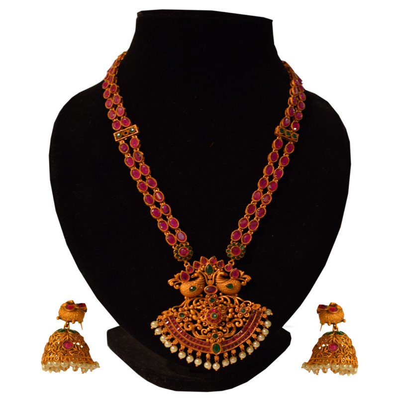 Handicraft Necklace Metal Kundan Gold Plated Set Ruby Impearl 