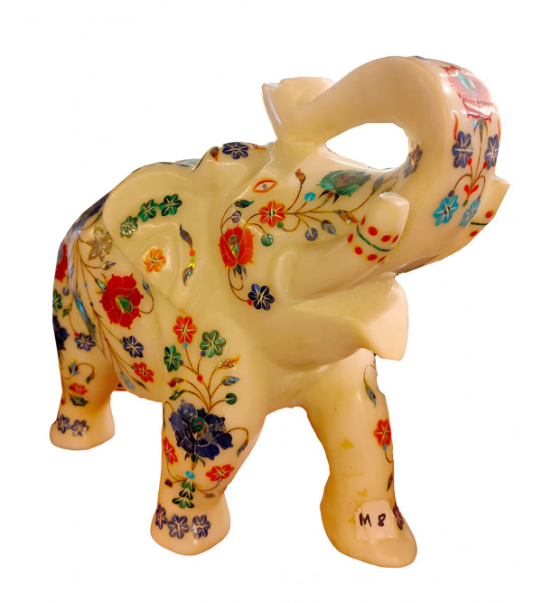 Marble Elephant  with Inlay Work 12 Inch 