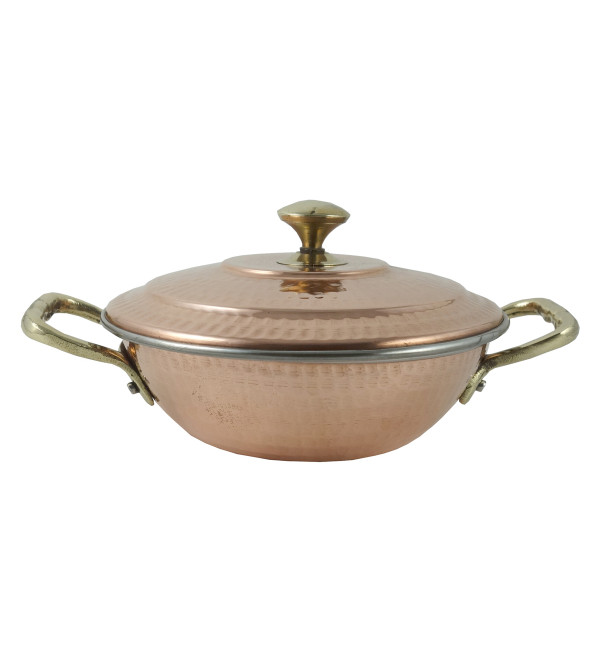 HANDICRAFT COPPER STEEL KADAI WITH LID 5 INCH