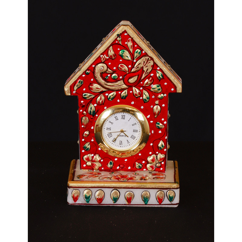 Marble Fancy Hut Shape Clock Real Gold Leaf Work 4.5 Inch  