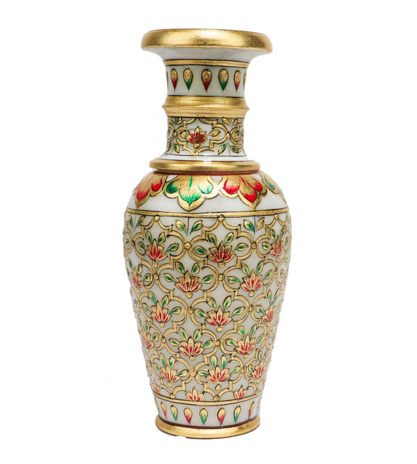 Marble 9 Inch Flower Vase with Real Gold Leaf Work 