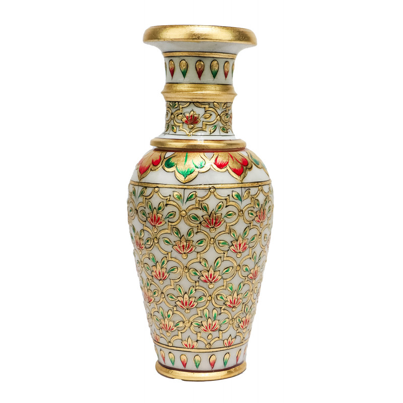 Marble 9 Inch Flower Vase with Real Gold Leaf Work 
