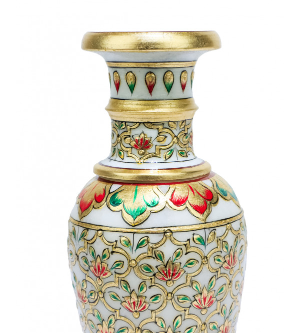 Marble 9 Inch Flower Vase with Real Gold Leaf Work 