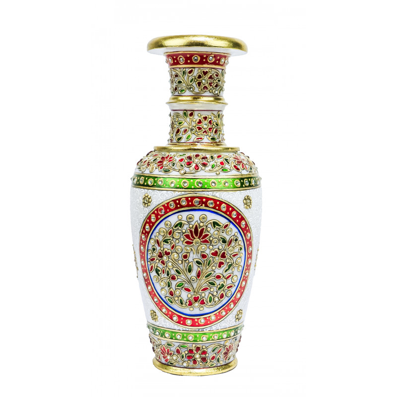 Marble 12 Inch Flower Vase with Real Gold Leaf Work 