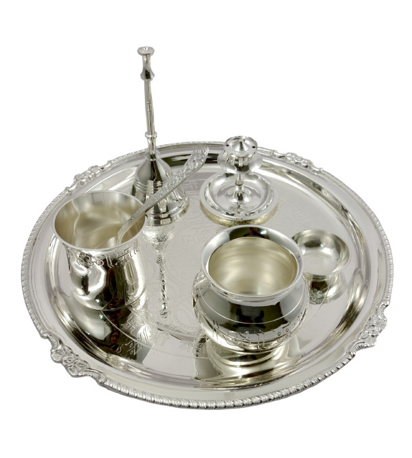 Handicraft Brass Silver Plated Pooja Thali 7 Pcs Set 