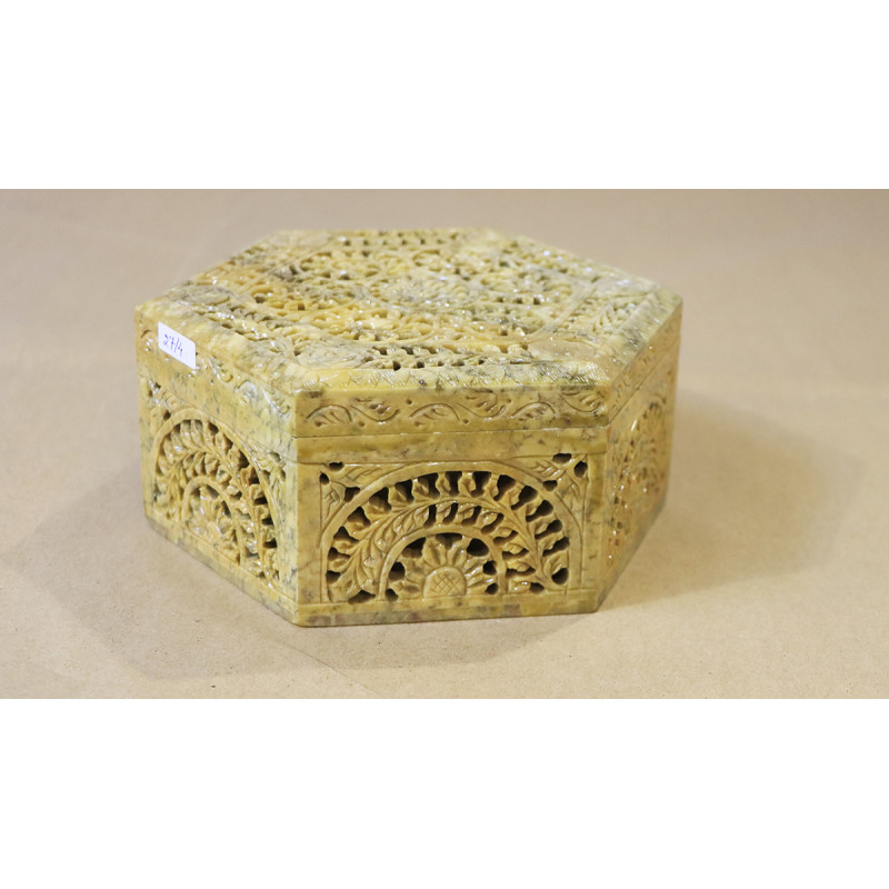 Soft Stone Carved Box Sq.Hexa 4 X4 X2.5 In
