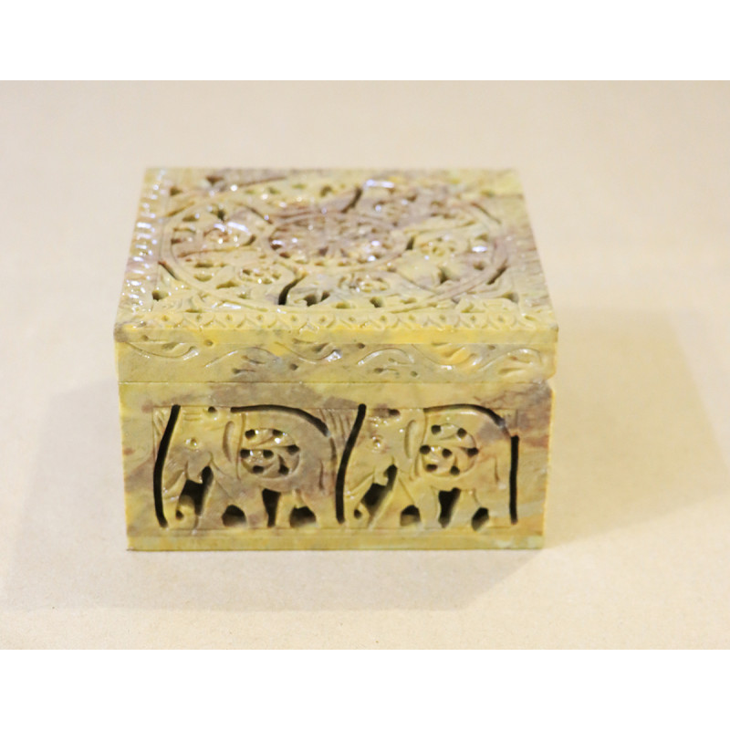Soft Stone Carved Box Sq.Hexa 5 X5 X3 Inch