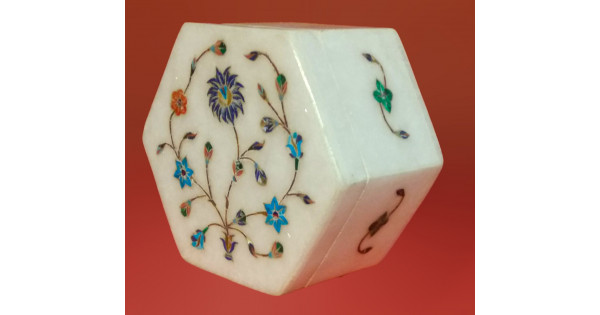 Alabaster Box With Semi Precious Stone Inlay Work Size 4x4 Inch