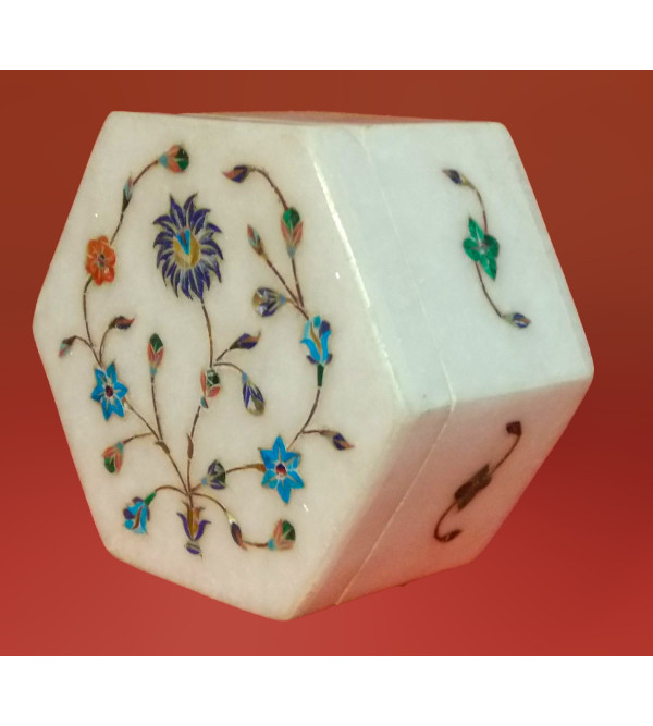 Alabaster Box With Semi Precious Stone Inlay Work Size 4x4 Inch