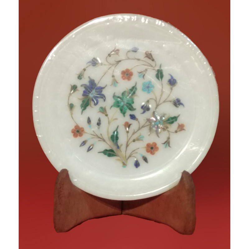 Marble Plate with Semi-Precious Stone Inlay Work Size 6 Inch