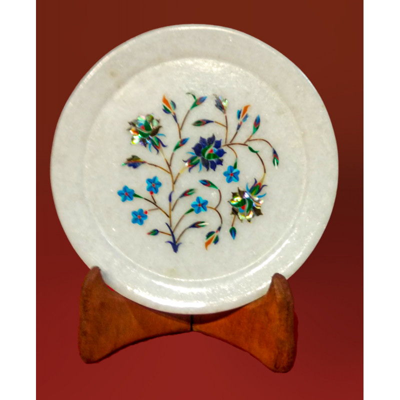 Marble Plate with Semi-Precious Stone Inlay Work Size 6 Inch