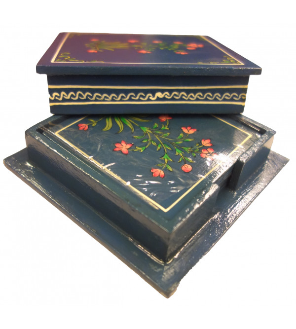 Kishangarh Style Ply Wood Painted Coaster Set Square with Cover 6 Pcs