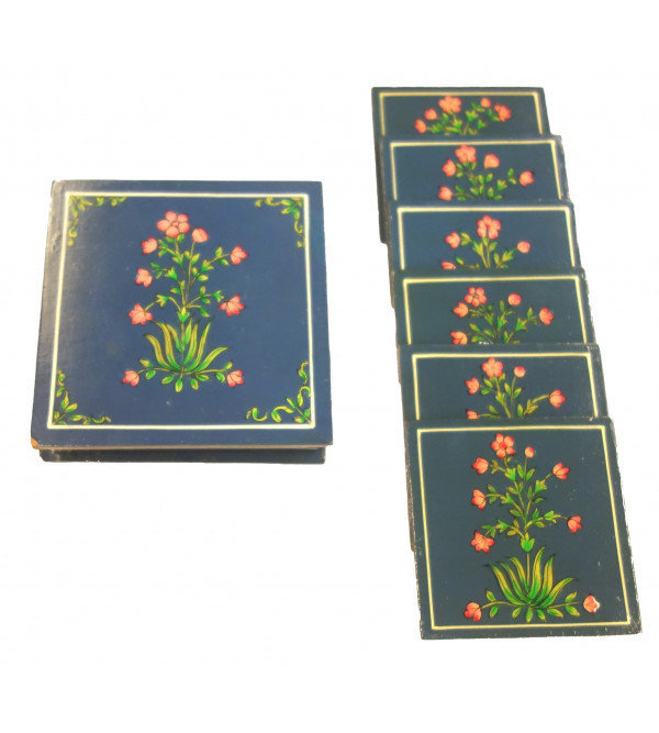Kishangarh Style Ply Wood Painted Coaster Set Square with Cover 6 Pcs