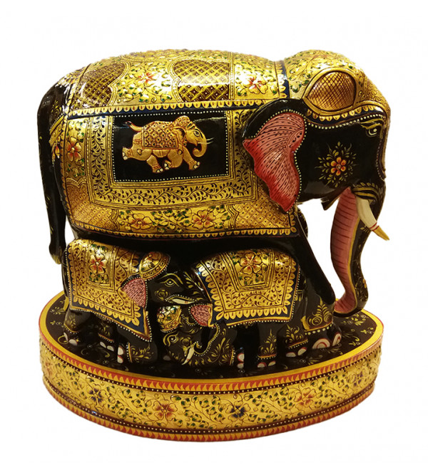 Kadamba wood Handcrafted and Hand painted Elephant with Baby Elephant