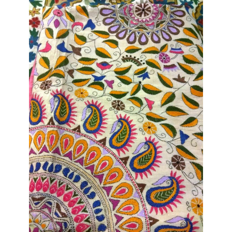 Handloom Bed cover silk embroidered Kantha 60x90 inch