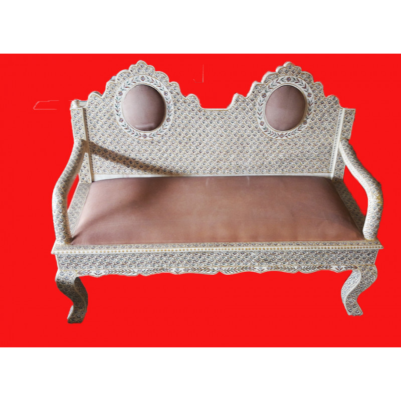 Two Seater Camel Bone Embedded Sofa Handcrafted In Wood Size 51X22X38 Inches