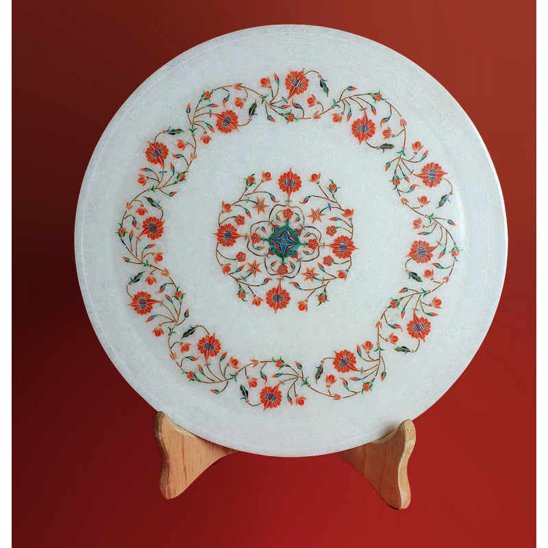 Marble Plate With Semi Precious Stone Inlay Work Size 11 Inch