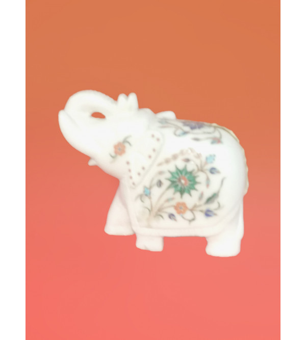 Alabaster 5inch Elephant with semi precious stone inlay