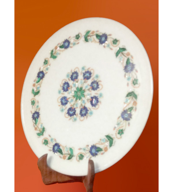 Marble Plate With Semi Precious Stone Inlay Work Size 13 Inch