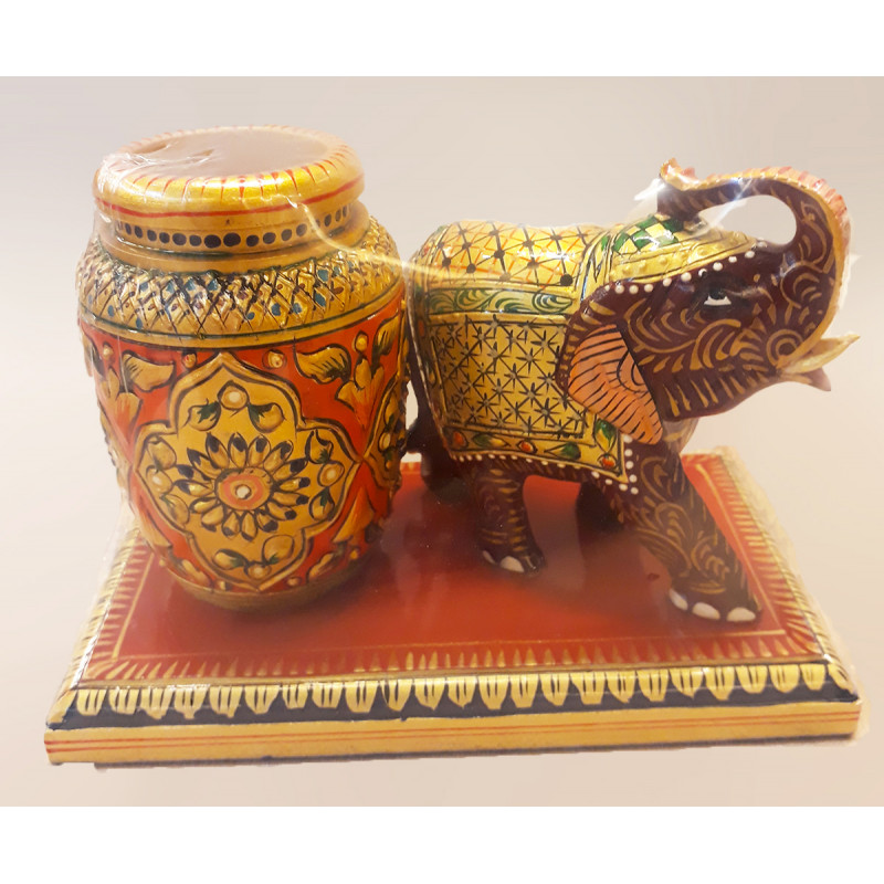 PTD PEN STAND WITH DECORATIVE ITEM CARVED KADAM WOOD 7X5 INCH