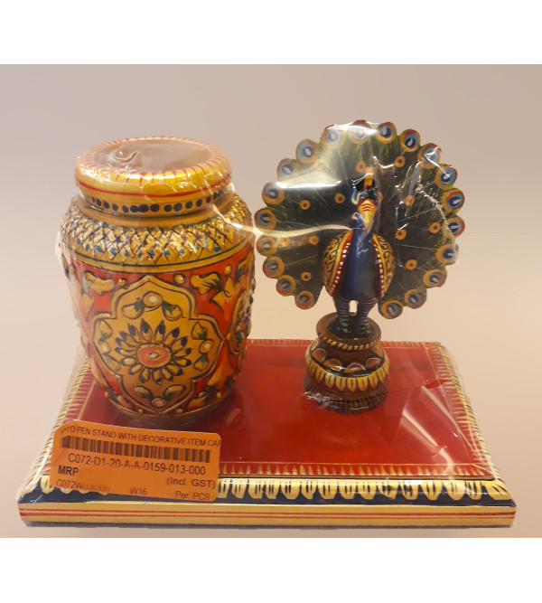 PTD PEN STAND WITH DECORATIVE ITEM CARVED KADAM WOOD 7X5 INCH