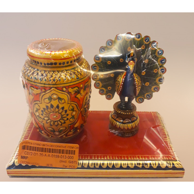 PTD PEN STAND WITH DECORATIVE ITEM CARVED KADAM WOOD 7X5 INCH