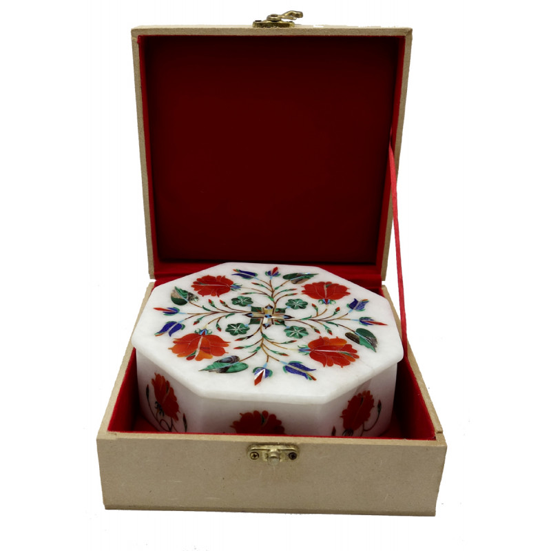 Marble Box With Semi Precious Stone Inlay Size 6x6 inch