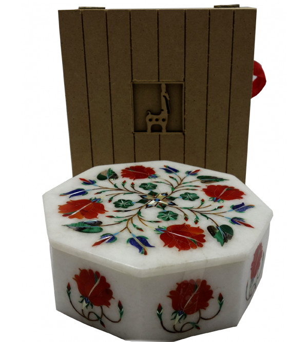 Marble Box With Semi Precious Stone Inlay Size 6x6 inch