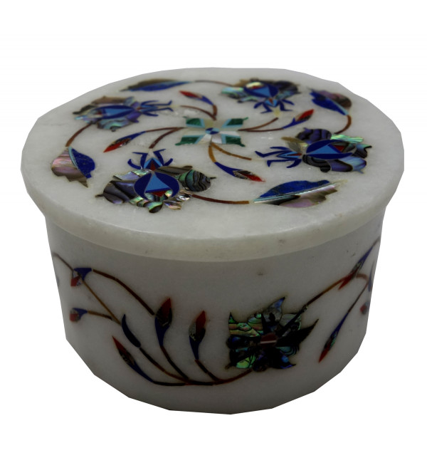 Marble Inlay Box With Semi Precious Stone Inlay Size 3 Inch Round