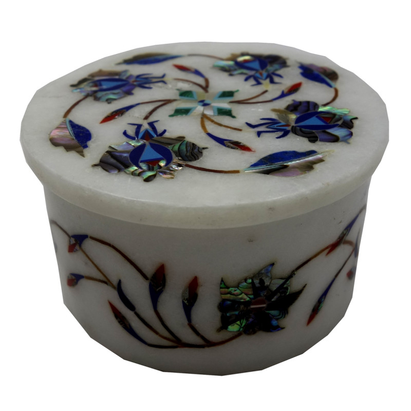 Marble Inlay Box With Semi Precious Stone Inlay Size 3 Inch Round