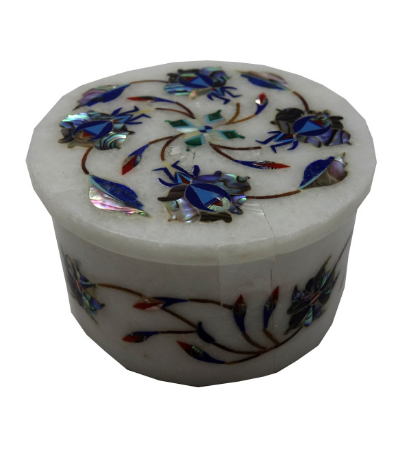 Marble Inlay Box With Semi Precious Stone Inlay Size 3 Inch Round