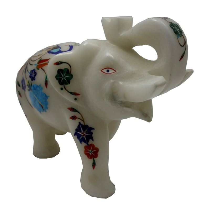 Marble Elephant With Semi Precious Stone Size 6 Inch