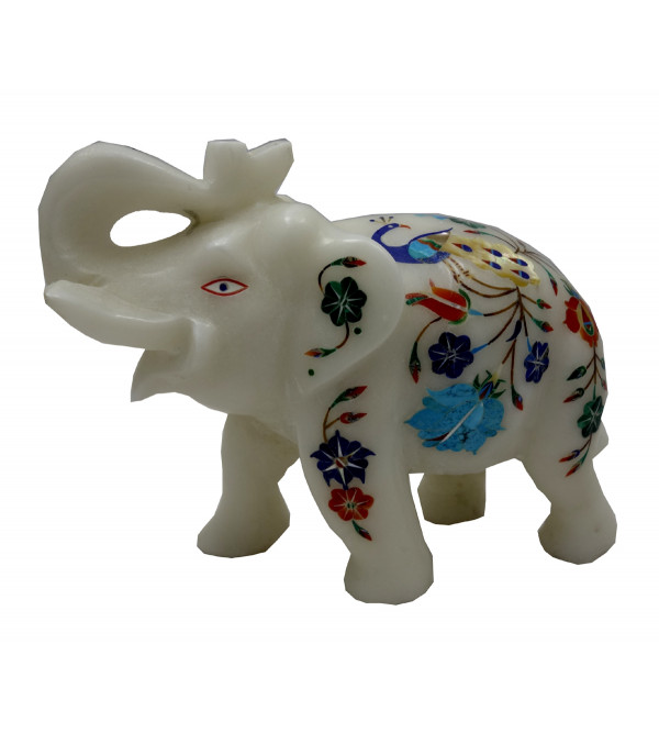 Marble Elephant With Semi Precious Stone Size 6 Inch