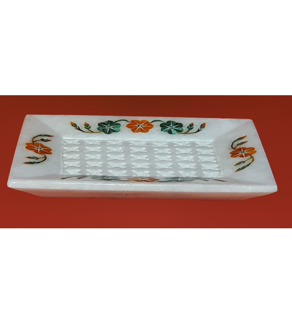 Marble Soap Dish With Semi Precious Stone Inlay Work Size 4x3 Inch
