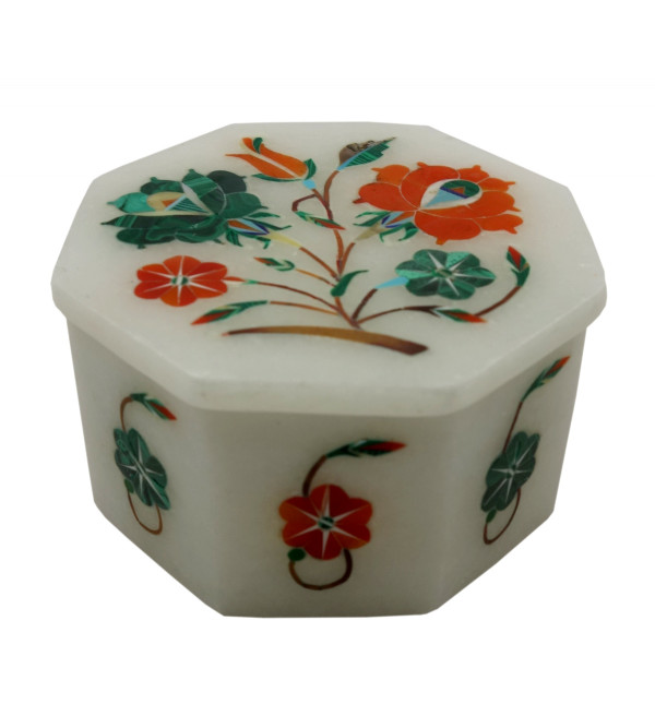 Marble Box With Semi Precious Stone Inlay Work Size 3x3 Inch