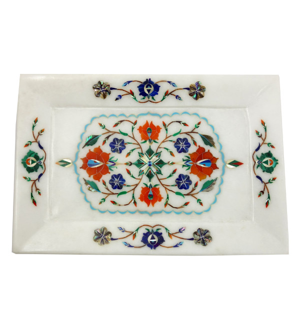 Marble Tray With Semi Precious Stone Inlay Size 9x6 inch