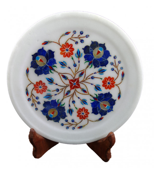 Marble Plate With Semi-Precious Stone Inlay Work Size 7 Inch