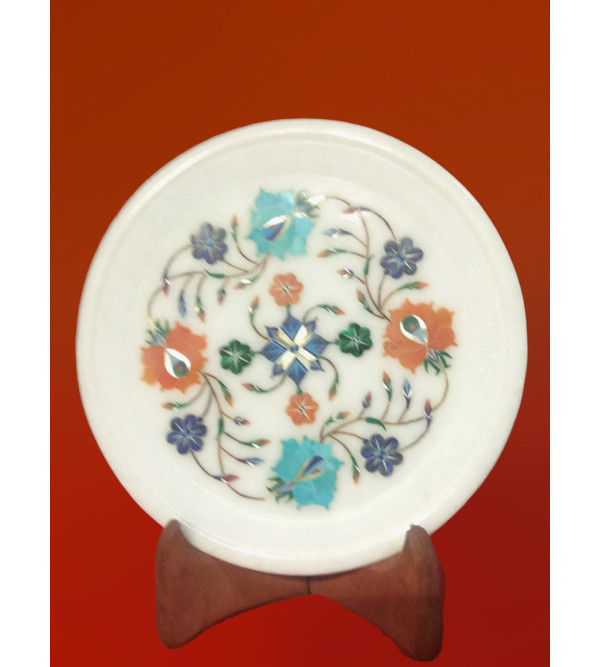 Marble Plate with Semi-Precious Stone Inlay Work Size 7 Inch