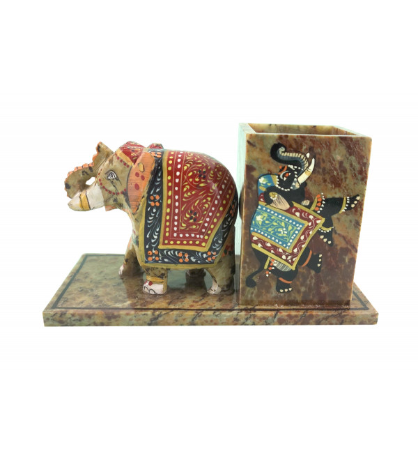 HANDICRAFT SOFT STONE PAINTED PEN STAND WITH ELEPHANT