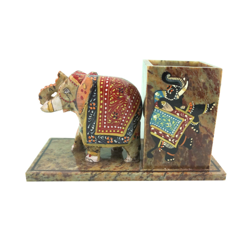 HANDICRAFT SOFT STONE PAINTED PEN STAND WITH ELEPHANT