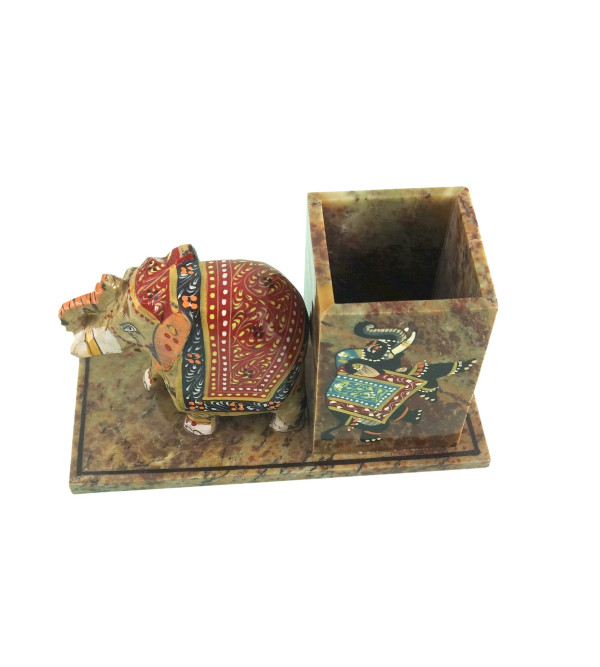 HANDICRAFT SOFT STONE PAINTED PEN STAND WITH ELEPHANT