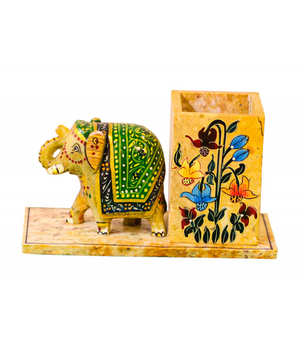 Soapstone Pen Stand with Elephant Painted Elephant Size 2.5 Inch 