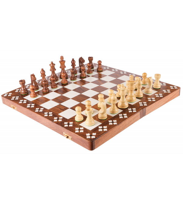 Inlaid Chess Board with Men 15 Inch Sheesham Wood