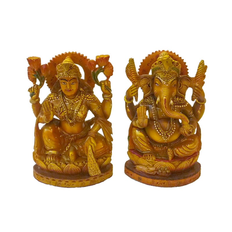 Kadamba wood Handcrafted and Hand painted Pair of Lord Ganesha and Goddess Laxmi