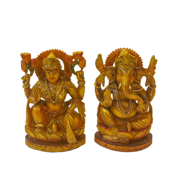 Kadamba wood Handcrafted and Hand painted Pair of Lord Ganesha and Goddess Laxmi
