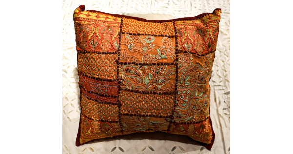 Brown - Aari Embroidery Sequin Work Mercerised Ghicha Silk Cushion Cover (16 x 16 in)